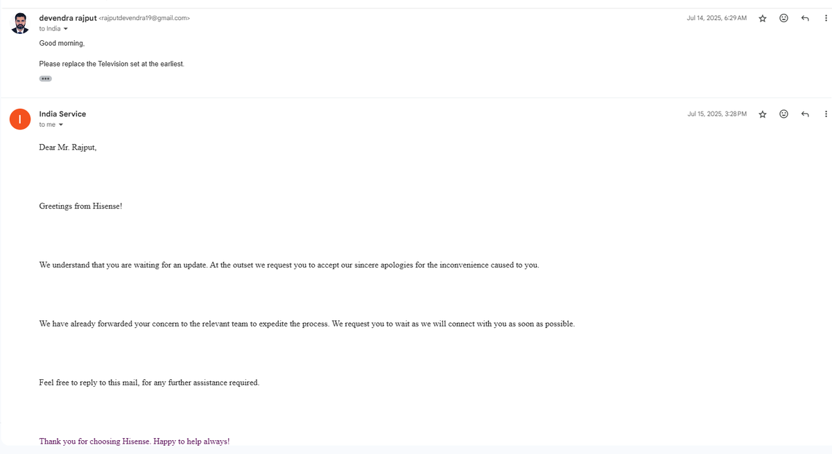 Devendrasinh2's tweet photo. @HisenseGlobal ;@HisenseIntl : WOULD LIKE YOU TO KNOW HOW YOUR PRODUCT AND SERVICE PERFORM IN INDIA: 1. Bought Television in 01-25; 
2. Completely shut down within 5-months; 
3. 4 visits + 4 parts replacement-0 Result;
4. 8 - Emails+8 -Calls-Same reply "We will update you soon".. https://t.co/zHq559TLmd