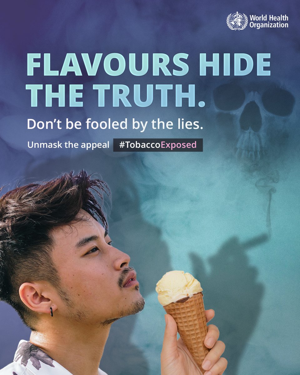 World Health Organization (WHO) Western Pacific (@whowpro) on Twitter photo Sweet but sinister. 
Flavours are bait, trapping young people in a cycle of addiction. 
Tobacco causes over 20 types of #cancer and kills half the users who don’t quit. Don’t let the industry fool you! 
On International #YouthDay, unmask the appeal and expose the truth. Sweet but sinister. 
Flavours are bait, trapping young people in a cycle of addiction. 
Tobacco causes over 20 types of #cancer and kills half the users who don’t quit. Don’t let the industry fool you! 
On International #YouthDay, unmask the appeal and expose the truth.