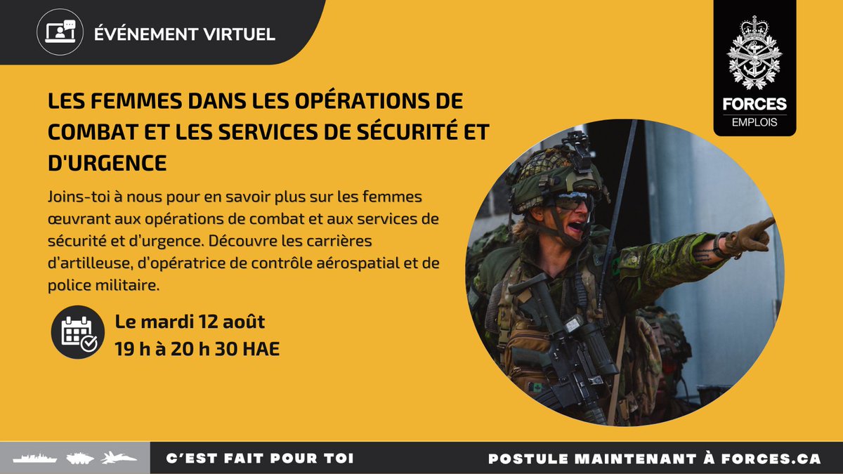 Joins-toi à notre webinaire pour en savoir plus sur les femmes œuvrant aux opérations de combat et aux services de sécurité et d’urgence. Découvrez les carrières d’artilleuse, d’opératrice de contrôle aérospatial et de police militaire : forces.ca/fr/events-fr/#…