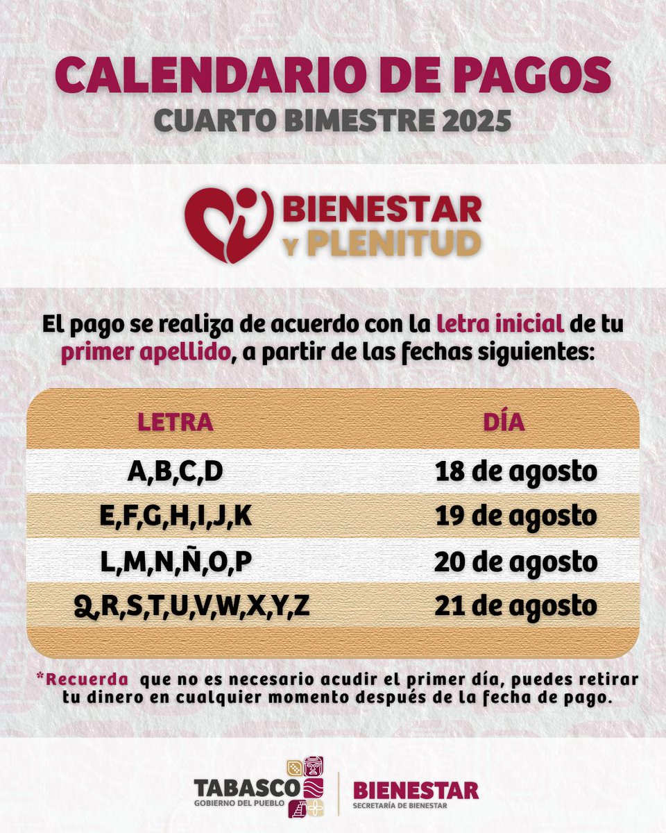 Del 18 al 21 de agosto comenzará el pago del cuarto bimestre de la pensión 'Bienestar y Plenitud', con la que retribuimos y atendemos a adultos mayores que tanto han dado para la construcción de nuestro gran #Tabasco.