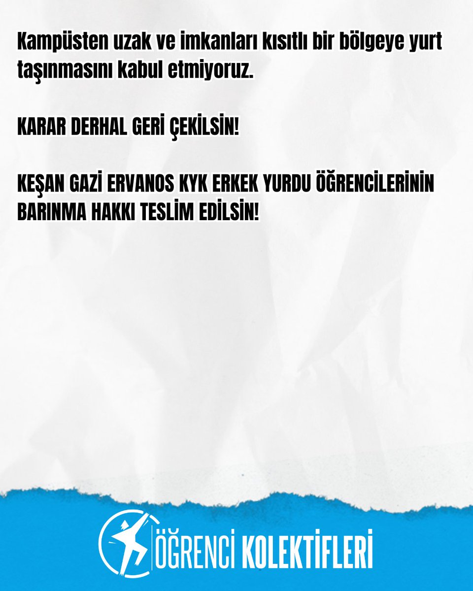 KEŞAN'DA BULUNAN GAZİ ERVANOS KYK YURDU TAŞINIYOR, ÖĞRENCİLER MAĞDUR EDİLDİ!

Yemekhanesinden binasına,binasından asansörüne yurtları özelleştiren, öğrencileri her defasında mağdur edenlere sesleniyoruz:
Güvencesiz barınma koşullarını kabul etmiyoruz!

Karar derhâl geri çekilsin!