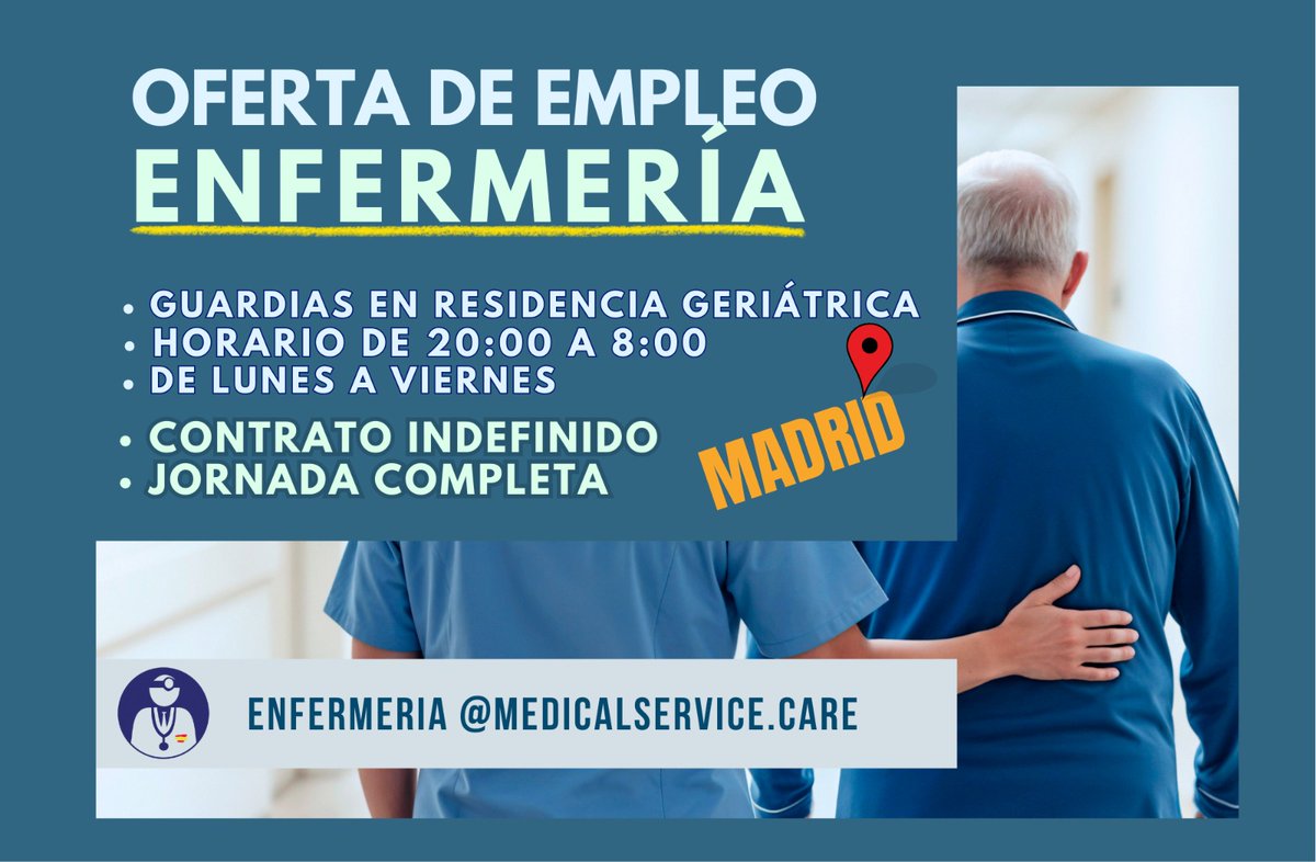 🔴OFERTA DE EMPLEO #ENFERMERIA #madrid

¡Abrimos bolsa de empleo, incorporación inmediata!

✅Contrato Indefinido, jornada completa
✅Título de Enfermería y colegiación

📢¡𝗧𝗥𝗔𝗕𝗔𝗝𝗔 𝗖𝗢𝗡 𝗡𝗢𝗦𝗢𝗧𝗥𝗢𝗦!
📞618 85 59 39
📧enfermeria@medicalservice.care

#enfermeria