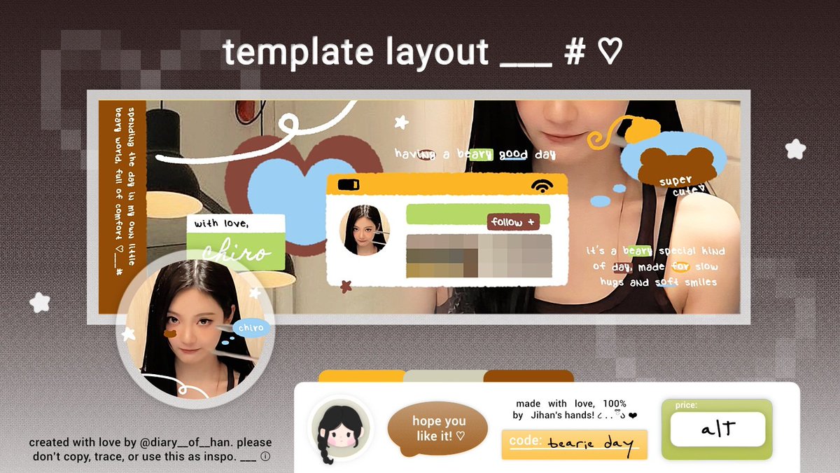 haaai! 👋🏻 🧃 aku masih punya satu template layout code "bearie day" dengan harga 130.000 yang bisa kalian jemput sekarang! 🎫 kalau kalian minat boleh DM aku yaa! < ini boleh book with dp dulu :c > #zonauang #zonaba