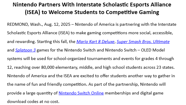 Interstate Scholastic Esports Alliance (@iseaesports) on Twitter photo We are proud to announce a landmark partnership with <a href="/NintendoAmerica/">Nintendo of America</a> to expand access to school based esports!
ISEA state organizations will be officially licensed to operate Nintendo titles and provide perks to their schools
Learn more here: iseaesports.org We are proud to announce a landmark partnership with <a href="/NintendoAmerica/">Nintendo of America</a> to expand access to school based esports!
ISEA state organizations will be officially licensed to operate Nintendo titles and provide perks to their schools
Learn more here: iseaesports.org