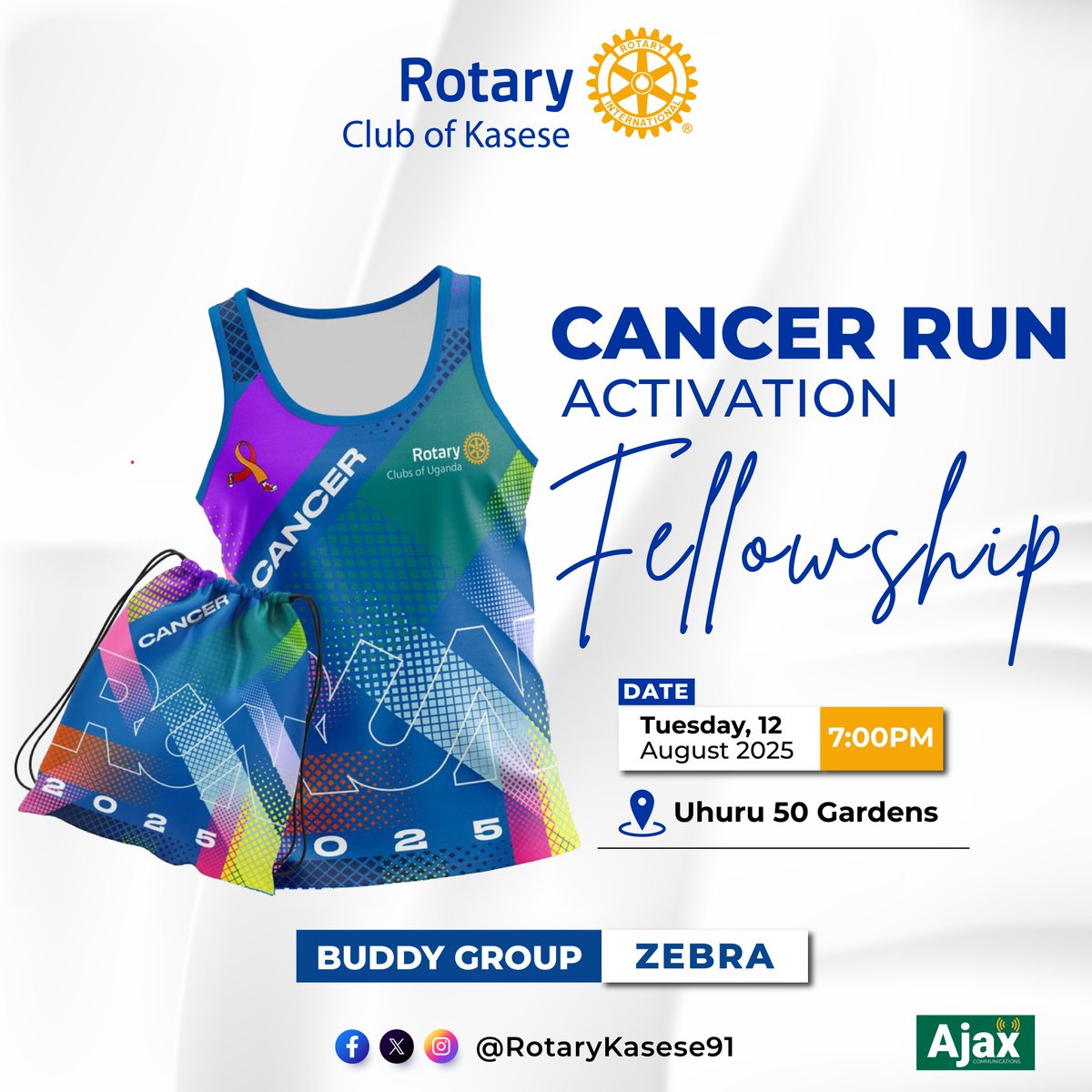 Rotary club of Kasese (@rotarykasese91) on Twitter photo Bring it on 💪
#CancerRunUg25
We're Ready to Run 🏃♀️🏃♂️
Join us this evening for a <a href="/UgRotaryCancerP/">#CancerRunUg25</a> activation fellowship at Uhuru 50 Gardens in Kasese town at 7pm.
Cancer Run kits will be available for sale.
#RCKasese Bring it on 💪
#CancerRunUg25
We're Ready to Run 🏃♀️🏃♂️
Join us this evening for a <a href="/UgRotaryCancerP/">#CancerRunUg25</a> activation fellowship at Uhuru 50 Gardens in Kasese town at 7pm.
Cancer Run kits will be available for sale.
#RCKasese