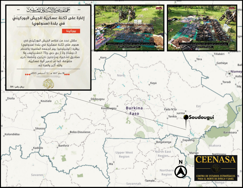 CEENASA396971's tweet photo. #BURKINA FASO 🇧🇫
On Aug 12, the #JNIM claims to have attacked a military barracks last Friday in #Soudougui in the province of #Koulpélogo, causing several casualties.
Were seized:
- 2 HMG
- 2 RPG
- 72 ARs
- 6 ammo box
- 2 motos
and more https://t.co/FsvxsNmw8z
