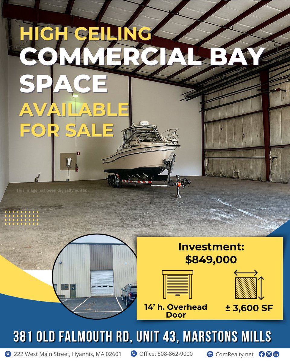 ComRealtyNet's tweet image. This 3,600 SF industrial condo in Marstons Mills presents a compelling opportunity for tradespeople, investors, or business owners!⁠
⁠
🏗️ 14’ overhead door⁠
📐 Over 20’ interior clearance⁠
📍 Convenient Mid-Cape location⁠
⁠