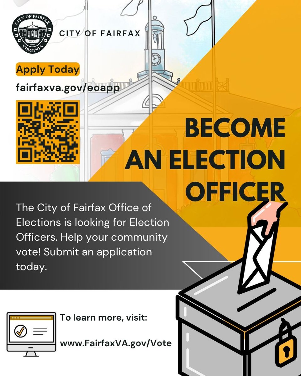 It's National Poll Worker Recruitment Day!🎉

Join us <a href="/CityofFairfaxVA/">City of Fairfax, VA</a> as an Election Officer and help your community vote. Registered Virginia voters are eligible to apply and will receive compensation for their service. 

Take the steps to apply today: 
fairfaxva.gov/eoapp