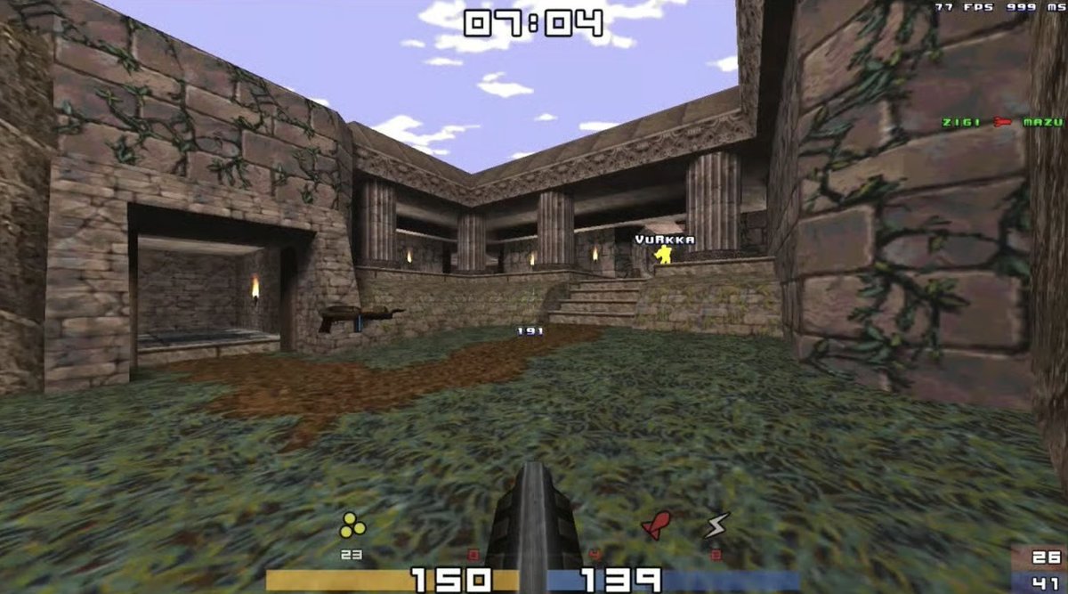 Screenshot from classic Quake online gameplay showing a multiplayer arena