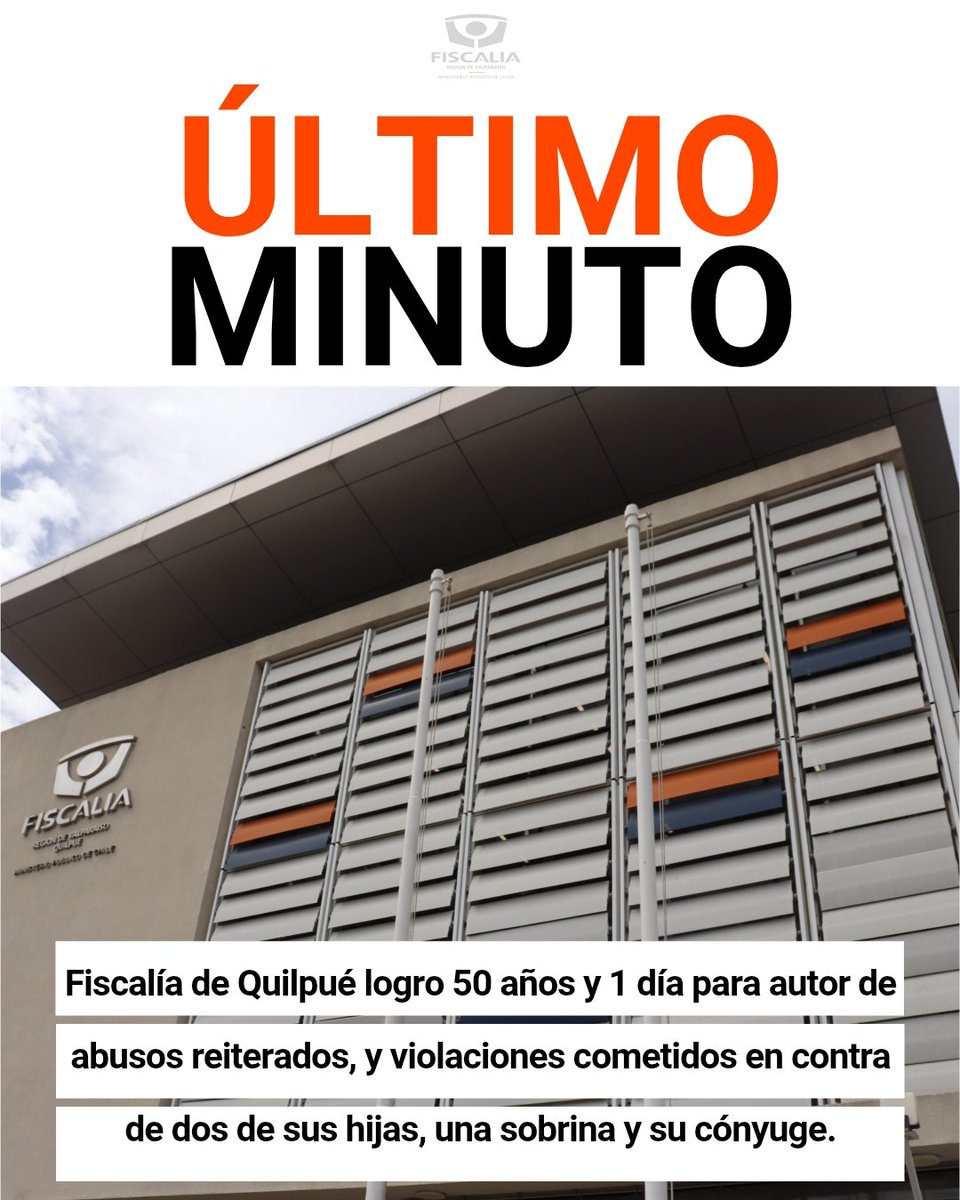 FRValparaiso's tweet photo. 📢 Fiscalía de #Quilpué logró pena efectiva de 50 años y 1 día para autor de delitos de connotación sexual en contra de dos de sus hijas, una sobrina y su cónyuge. Fiscal Walter Wenzel destacó la condena y el apoyo realizado a las víctimas a través de #URAVIT @FRValparaiso https://t.co/wrZFjvGRCx