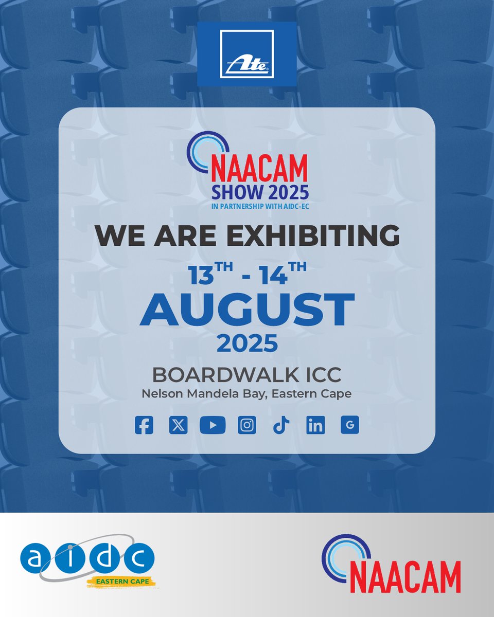AteBrakes's tweet photo. We’re excited to exhibit at the NAACAM Show 2025 — the premier forum for South Africa’s automotive component manufacturers — taking place 13–14 August at the Boardwalk ICC, Nelson Mandela Bay.

Explore our range ahead of the show: https://t.co/dXDYdmu8Xy

#ChooseATE #NAACAMShow https://t.co/NY3OONOQFV