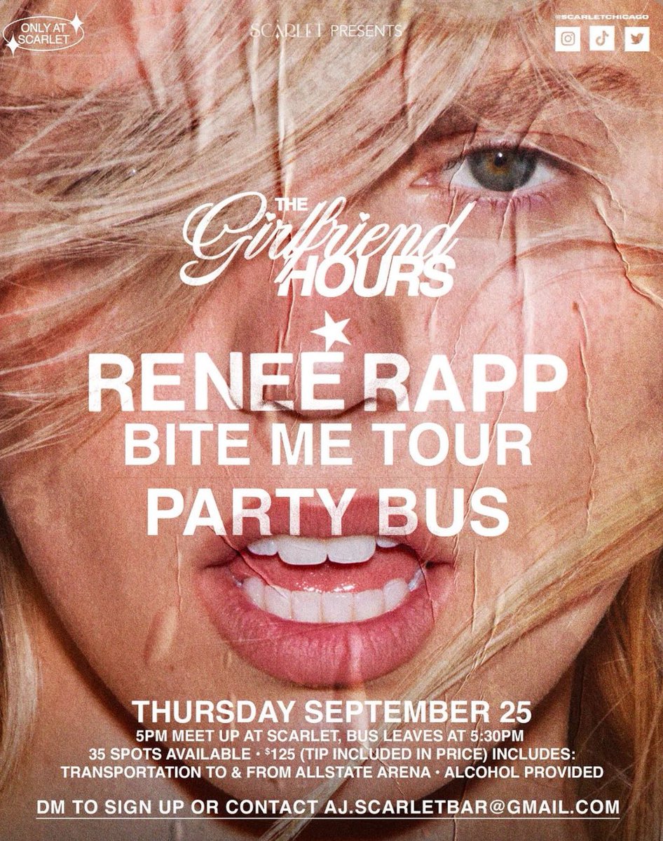 ★RENEÉ RAPP BITE ME TOUR CHICAGO PARTY BUS★ so excited to be hosting a MOBILE Girlfriend Hours on the <a href="/ScarletChicago/">Scarlet Bar Chicago</a> party bus!!! Spots are limited, secure your spot asap!!!