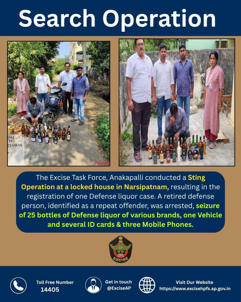 🚔 Excise Task Force – Anakapalli
Conducted a sting operation at a locked house in Narsipatnam.
✅ Seized 25 bottles of Defense liquor (various brands)
✅ 1 vehicle, several ID cards &amp; 3 mobile phones confiscated

#ExciseDepartment #DefenseLiquor #Narsipatnam #Anakapalli #STF
