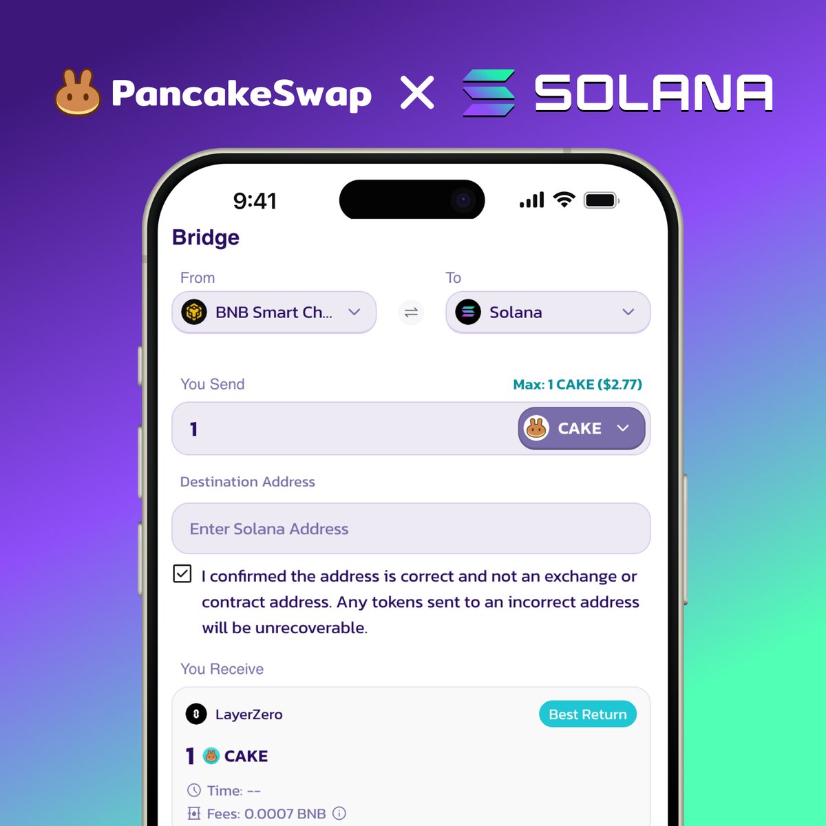 solana is now LIVE on the PancakeSwap Bridge! 🌉 You can now bridge CAKE  and other Solana assets between Solana and EVM chains like Ethereum, BNB  Chain, and more. Start bridging →