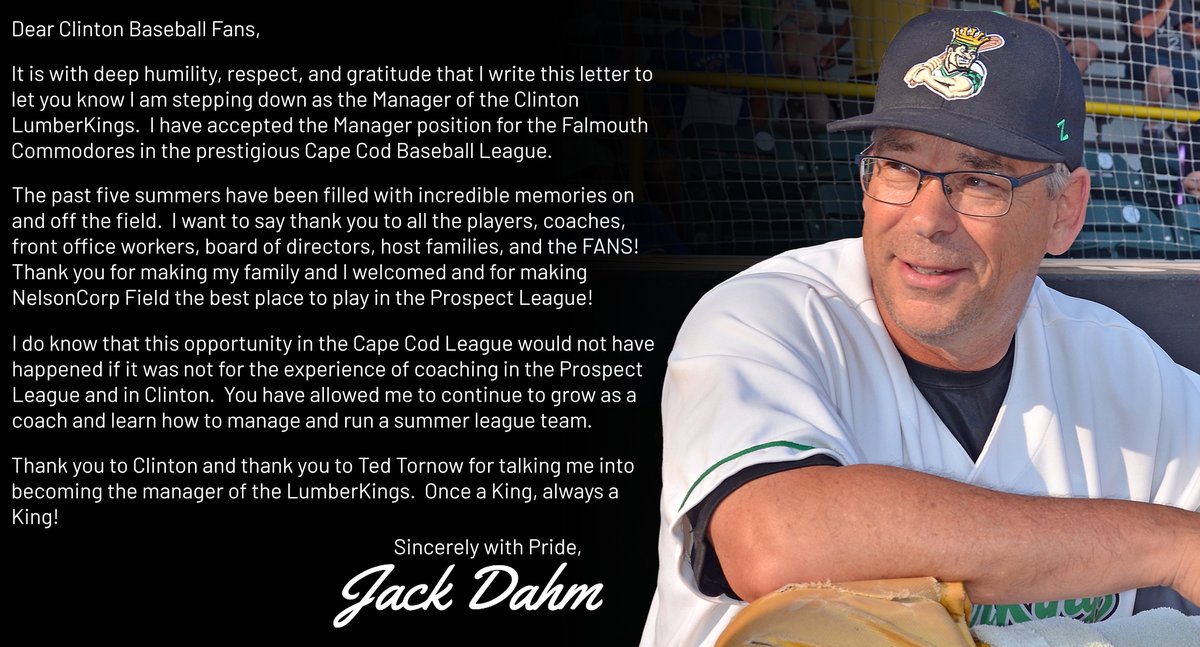 After five incredible seasons at the helm, we say a heartfelt thank you to Manager Jack Dahm as he takes on a new opportunity with the Falmouth Commodores of the Cape Cod Baseball League.

Thank you, Coach, for everything you’ve given this team. We wish you the very best.