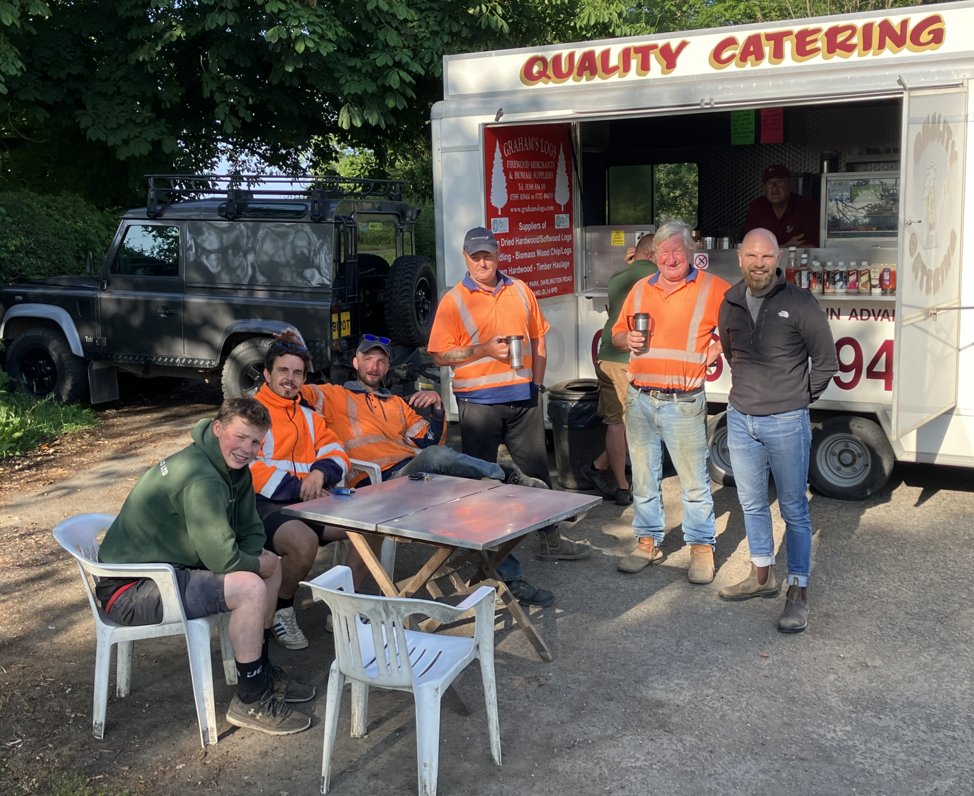 A northern welcome for new starter Nick Seller with a breakfast stop at the Barnard Castle team's favourite burger van. The team also celebrated Ralph Makepeace’s birthday in style.
L-R: Ralph Makepeace, Daniel Moore, Terry Petterson, David Reid, Mark Faulkner, Nick Seller.