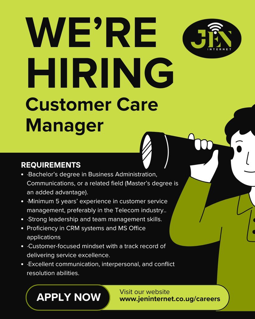 jenwifi_ug's tweet image. 🚨We’re hiring!!!!!! Join our team as a Customer Care Manager and help us deliver world class service at Jen internet. 📞 Apply now 👉 jeninternet.co.ug/careers
#JobOpportunity 
#JenInternet
 @SEACOM