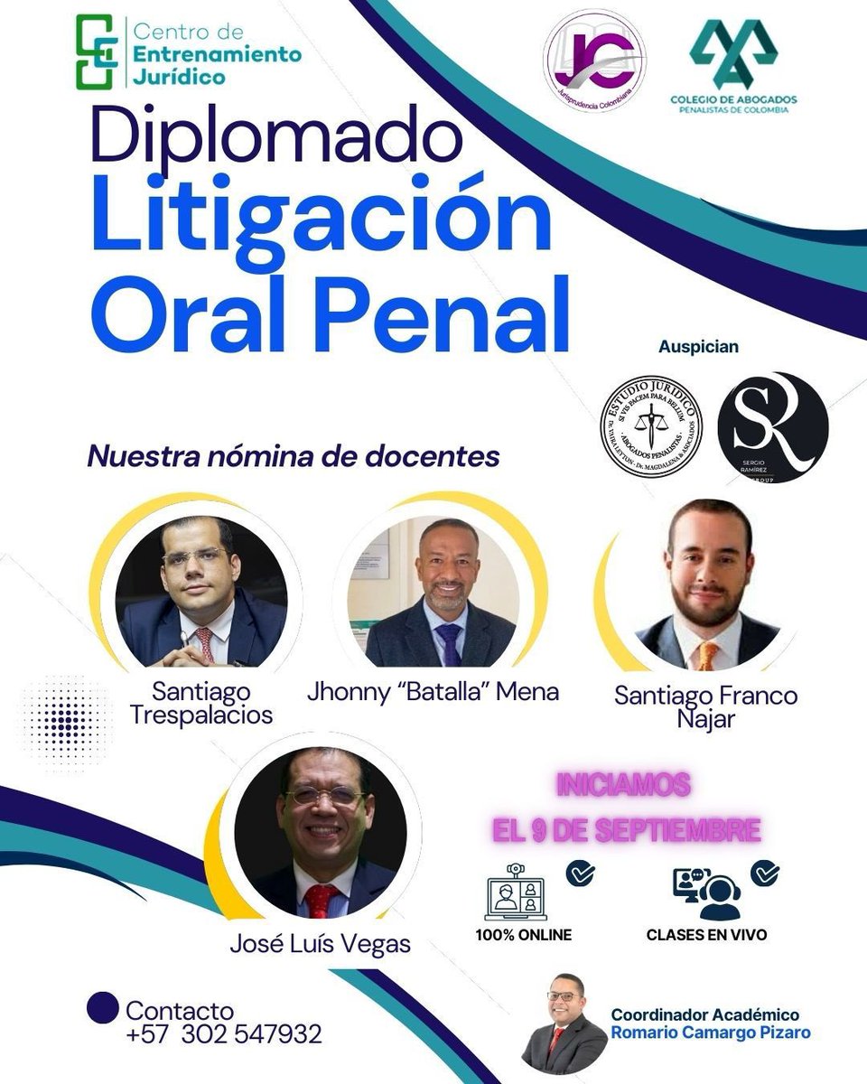 Tenemos el gusto de invitarlos al DIPLOMADO EN LITIGACION ORAL PENAL🚨<a href="/CPenalistas/">Colegio de Abogados Penalistas de Colombia</a> 

ℹ️ Temática y docentes del Diplomado y mayor información  
shre.ink/tR3z

📲 Información al WhatsApp 
Aquí wa.link/3t3dgr o al siguiente link: wa.link/e04vblela