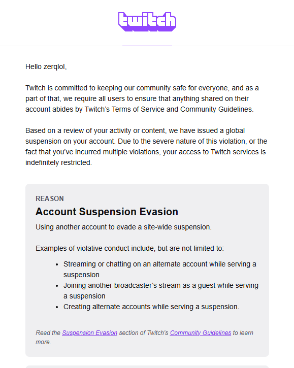 Zerqeu's tweet photo. Get unbanned on my alt and not on my main how does it make sense, worst part about it i didn't even type or log in on my alt and now perma banned on main 😹 #FreeZerq @TwitchSupport https://t.co/bCYfPqEd0H