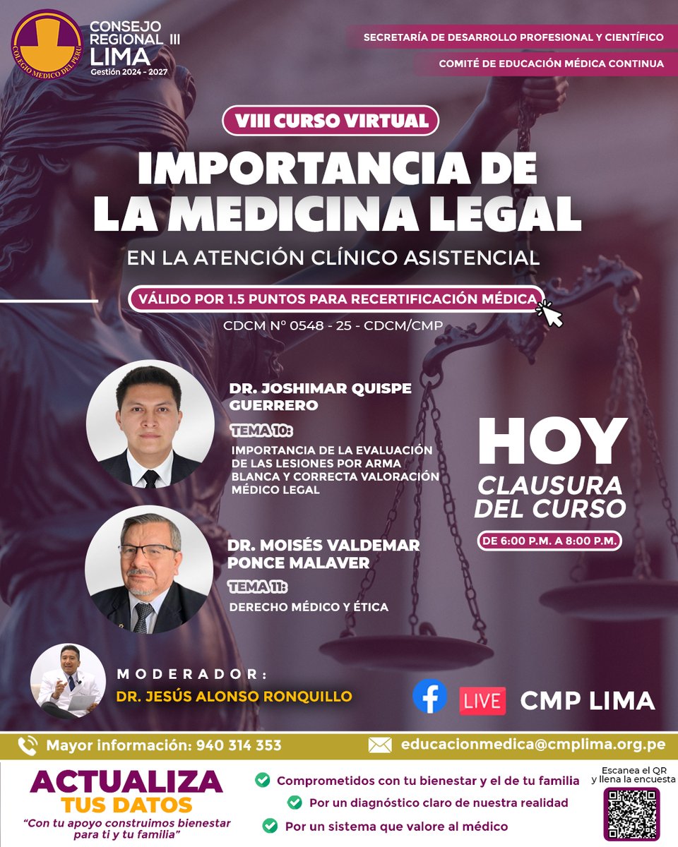 ¡𝐇𝐎𝐘 𝐂𝐔𝐋𝐌𝐈𝐍𝐀𝐌𝐎𝐒 𝐄𝐋 𝐂𝐔𝐑𝐒𝐎! 🥼🤗

🥼 MEDICINA LEGAL: UNA HERRAMIENTA ESENCIAL EN LA ATENCIÓN CLÍNICA MODERNA
📃 Curso válido por 1.5 puntos para tu recertificación médica.

#MedicinaLegal #medicos #CursoVirtual #CRIIILIMA