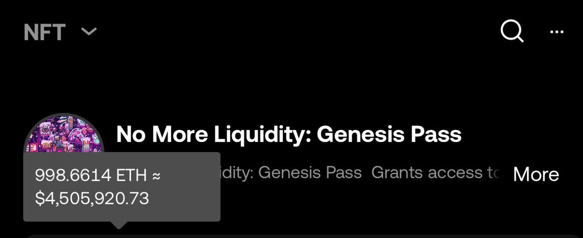 No More Liquidity (@nomoreliquidity) on Twitter photo We have hit 4.5M in total volume and creeping to the 1k total mark. 
Very proud of all the work and time the members and myself have put here. 
All tho the floor is shaky think one NML pass represents one share of the market on chain. Thank you for the support (even tho no one We have hit 4.5M in total volume and creeping to the 1k total mark. 
Very proud of all the work and time the members and myself have put here. 
All tho the floor is shaky think one NML pass represents one share of the market on chain. Thank you for the support (even tho no one