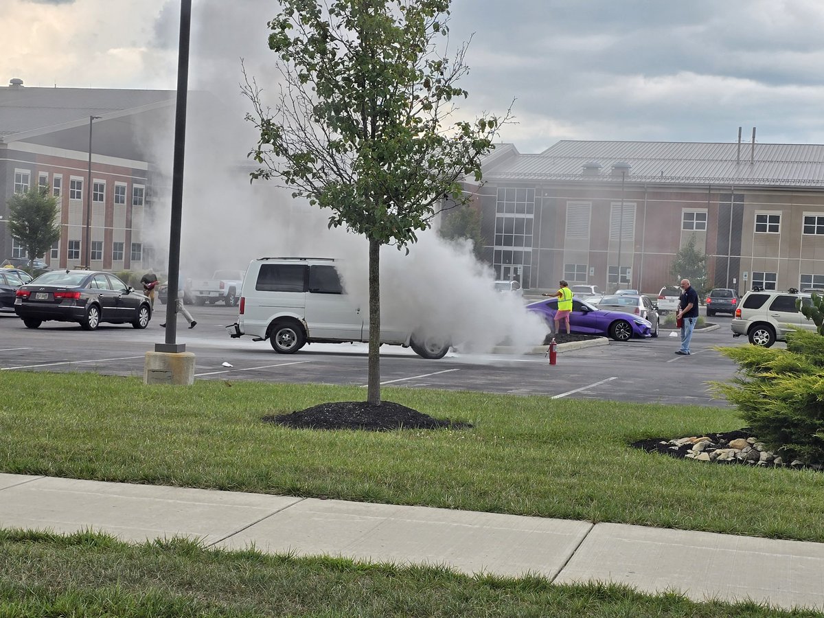 auctiondoug's tweet photo. @GEnrightWHIO a van is on fire at the Greene County Career Center (2:26 pm) as students are leaving for the day. Crews are responding. https://t.co/0UfylZInRO