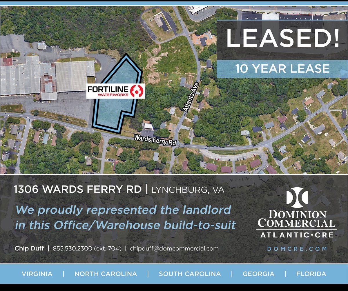 10-year lease, Build-to-Suit office/warehouse deal in Lynchburg, VA. Great job Chip Duff! #domcre #atlanticcre