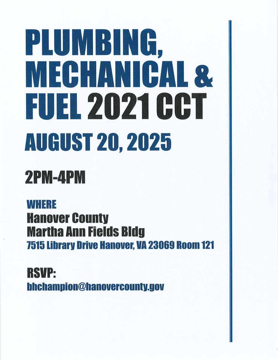 Hanover County, VA (@hanoverva) on Twitter photo Hanover County Building Inspections is hosting a plumbing, mechanical and fuel code change training for contractors on Wednesday, August 20, from 2 to 4 p.m. in the Martha Ann Fields Building, 7515 Library Drive.
RSVP to bhchampion@hanovercounty.gov.
#HanoverVA Hanover County Building Inspections is hosting a plumbing, mechanical and fuel code change training for contractors on Wednesday, August 20, from 2 to 4 p.m. in the Martha Ann Fields Building, 7515 Library Drive.
RSVP to bhchampion@hanovercounty.gov.
#HanoverVA