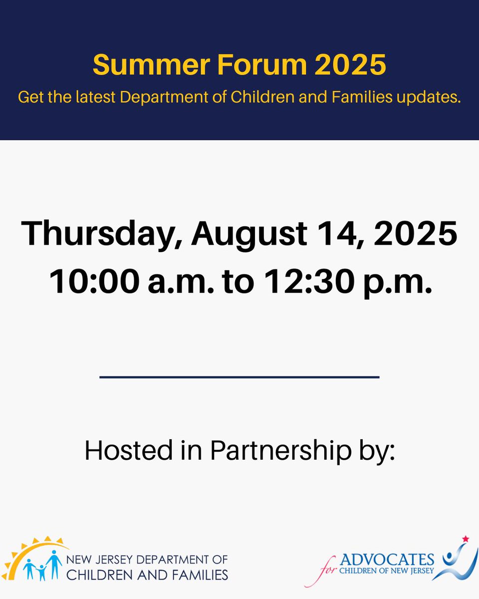 Just 2 days left! Join ACNJ + <a href="/NJDCF/">NJ Department of Children and Families</a> on Aug 14, 10–12:30, for the 2025 Virtual Summer Forum on budget, policy &amp; child welfare.
Register: acnj.org/DCF-Summer-For…
#NJKids #ChildWelfare #PolicyMatters