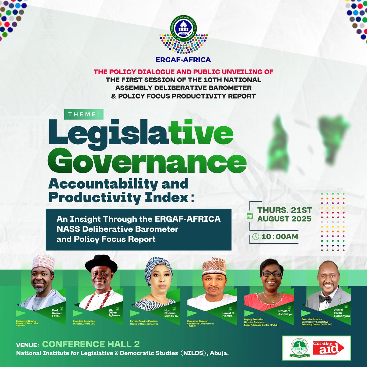 ERGAF_AFRICA's tweet photo. 📢 Join Us for the Policy Dialogue &amp; Public Unveiling of the First Session of the 10th National Assembly Deliberative Barometer &amp; Policy Focus Productivity Report https://t.co/Q8u5csyK98