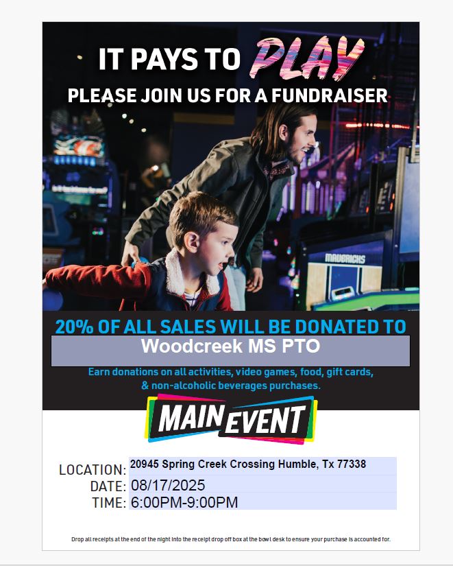 Spirit Night Alert! Join us this Sunday from 6-9pm at Main Event for a night of fun AND fundraising! Don’t forget to drop your receipts with a WMS PTO member or in the drop box before you leave so your purchases count toward our total. See you there!