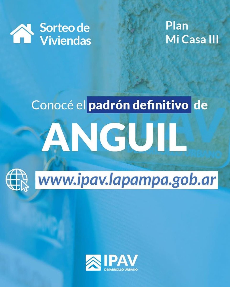 Instituto Provincial de Vivienda (@ipavlapampa) on Twitter photo #Anguil
🔵Ya se encuentra disponible el padrón definitivo para el próximo sorteo de viviendas para familias de la localidad.
Pueden consultarlo en ➡️ipav.lapampa.gob.ar/padrones
<a href="/GobiernoLaPampa/">Gobierno de La Pampa</a>
#IPAVLaPampa #Anguil
🔵Ya se encuentra disponible el padrón definitivo para el próximo sorteo de viviendas para familias de la localidad.
Pueden consultarlo en ➡️ipav.lapampa.gob.ar/padrones
<a href="/GobiernoLaPampa/">Gobierno de La Pampa</a>
#IPAVLaPampa