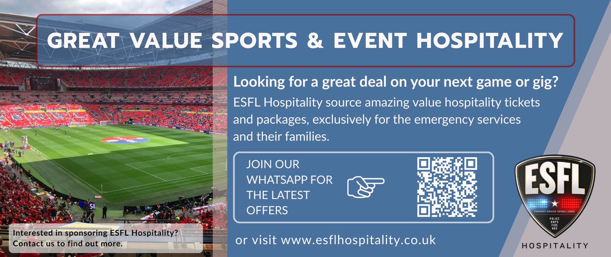 VIP experiences for everyday heroes
ESFL Hospitality offers exclusive sports packages at amazing prices to serving and retired employees of the UK’s emergency services, HM Prison Service and HM Armed Forces. 

Visit esflhospitality.co.uk