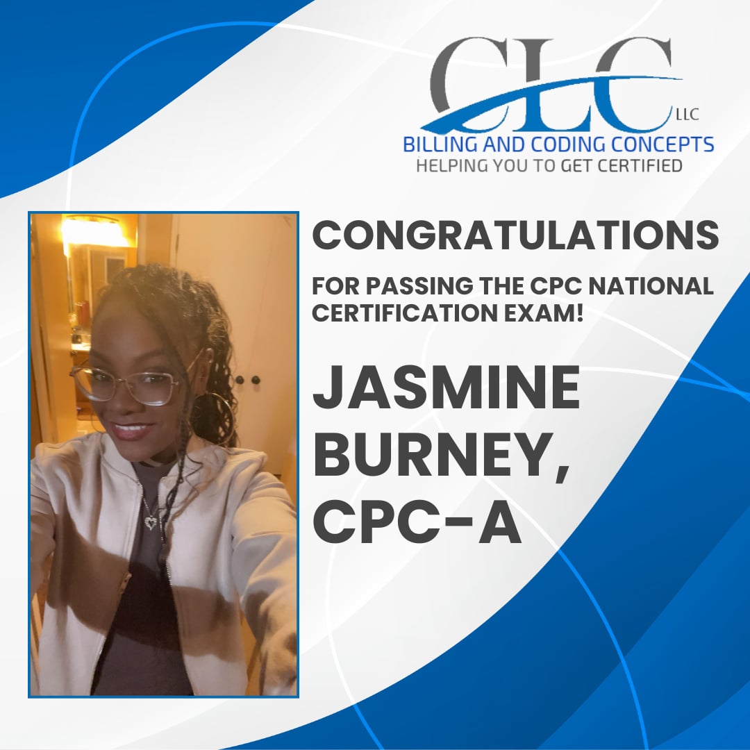 CLC_Concepts's tweet image. Congratulations to Jasmine Burney, CPC-A, on passing the National Certification Exam!

Want to pass too? Join our Most Missed on CPC Exam – In-Person Session on August 16, 2025, at 8:30 AM CST at Arena Tower, Houston, TX, for only $25.