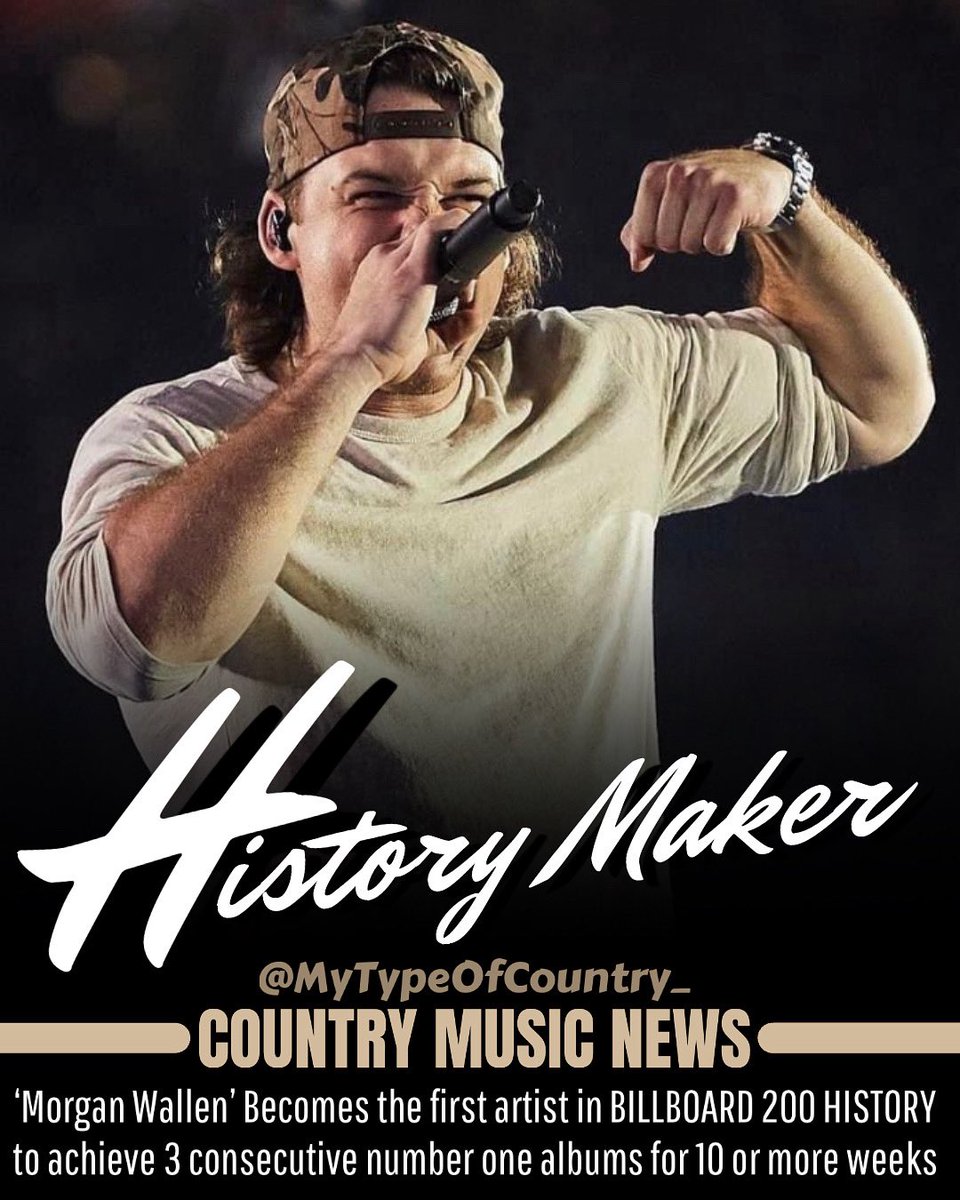 Mytypeofcountry's tweet image. @morganwallen MAKES HISTORY YET AGAIN!! 👀 

‘Wallen’ Becomes the first artist in BILLBOARD 200 HISTORY to achieve 3 consecutive number one albums for 10 or more weeks 🔥 

#morganwallen #historymaker #thedominator #countrymusic