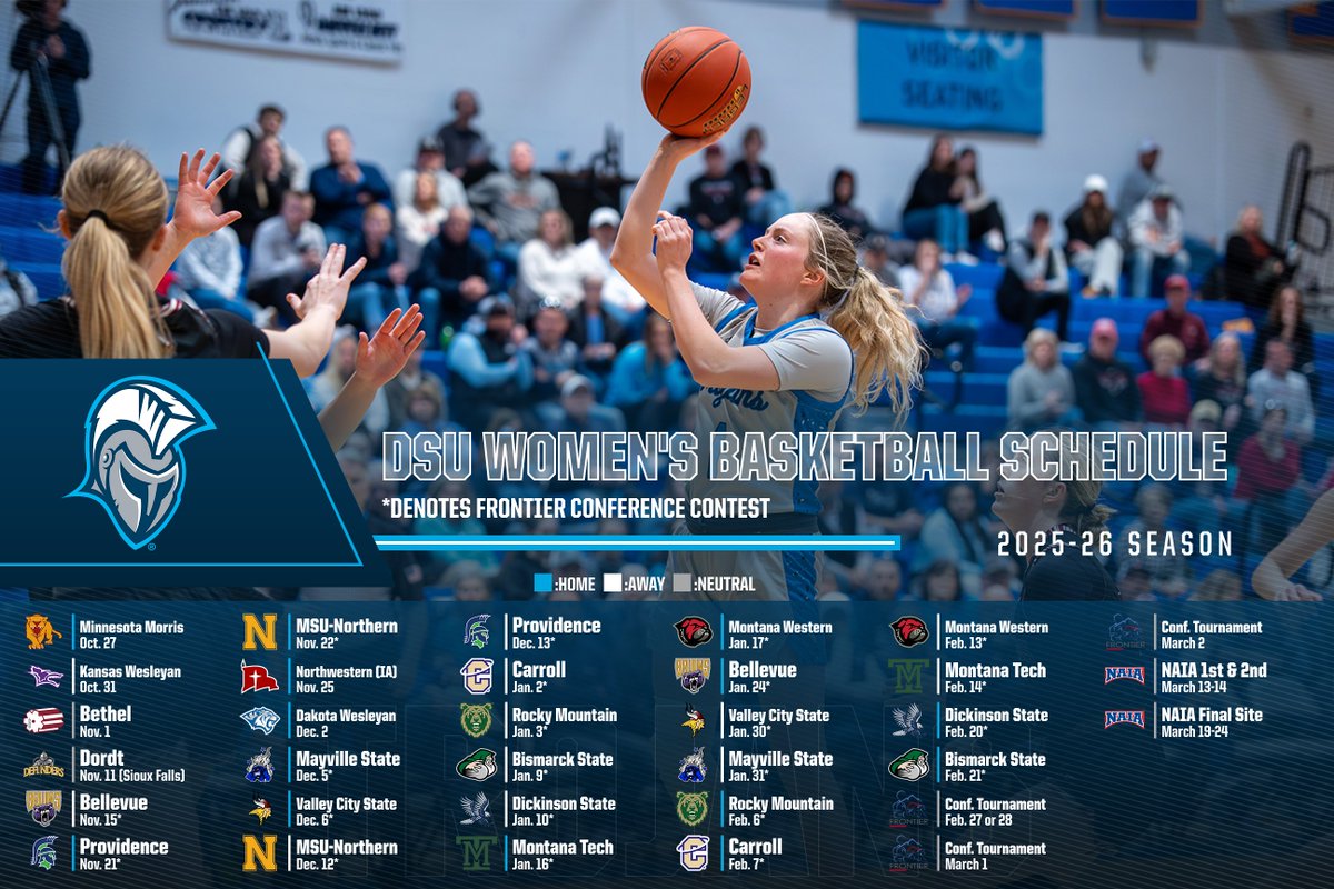 DSU_Athletics's tweet image. W🏀🗓️:  @dakotastate_wbb announces 2025-26 schedule

DSU enters #FCsports era with 22-game conference schedule (11 home games, 11 road games); opens season at home with an afternoon contest on Oct. 27 (Monday)

📰 tinyurl.com/5n7wvvcx

#TrojanNation⚔️ I #TheRightWayToPlay