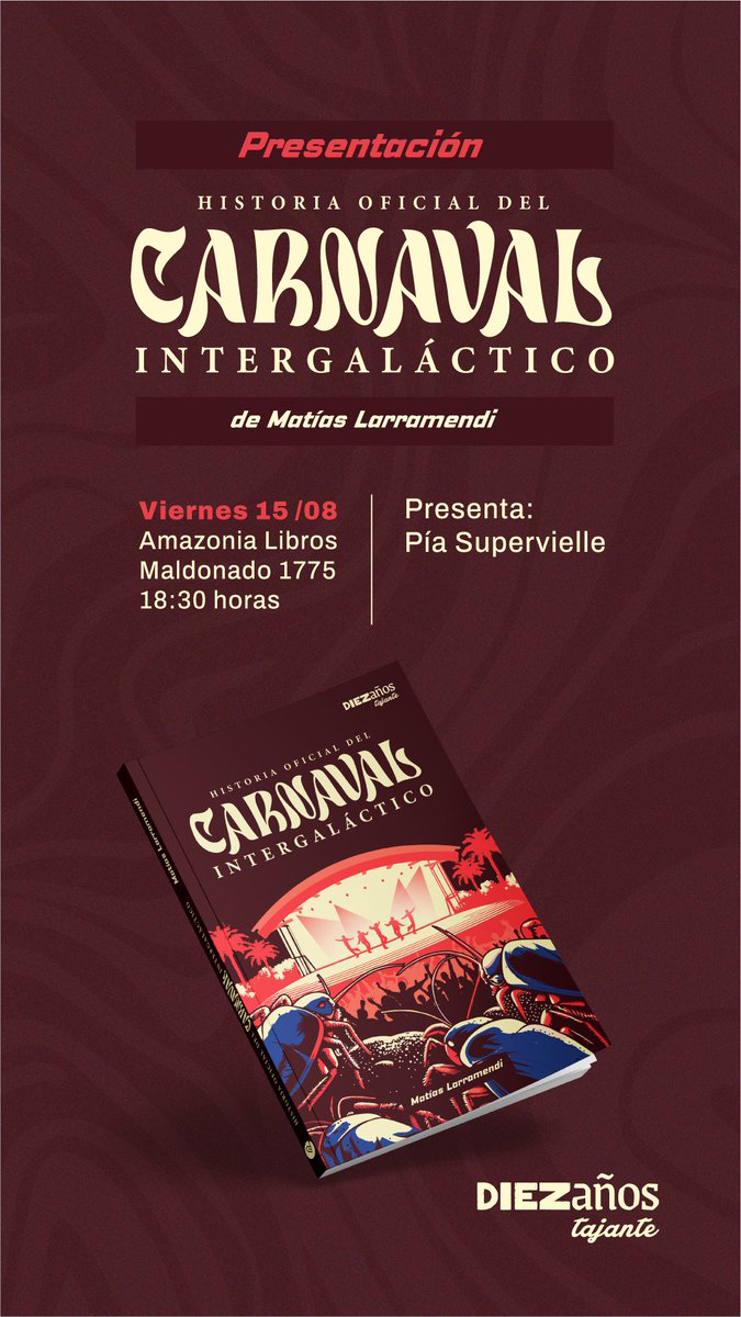 "Historia oficial del carnaval intergaláctico" es la primera novela de Matías Larramendi y está a la venta en todas las librerías (distribuye <a href="/GussiLibros/">Gussi Libros</a>) 
La tapa es de @jrodriguezfra y la presentamos este viernes en Amazonia Libros junto a <a href="/piasupervielle/">Pía Supervielle</a>