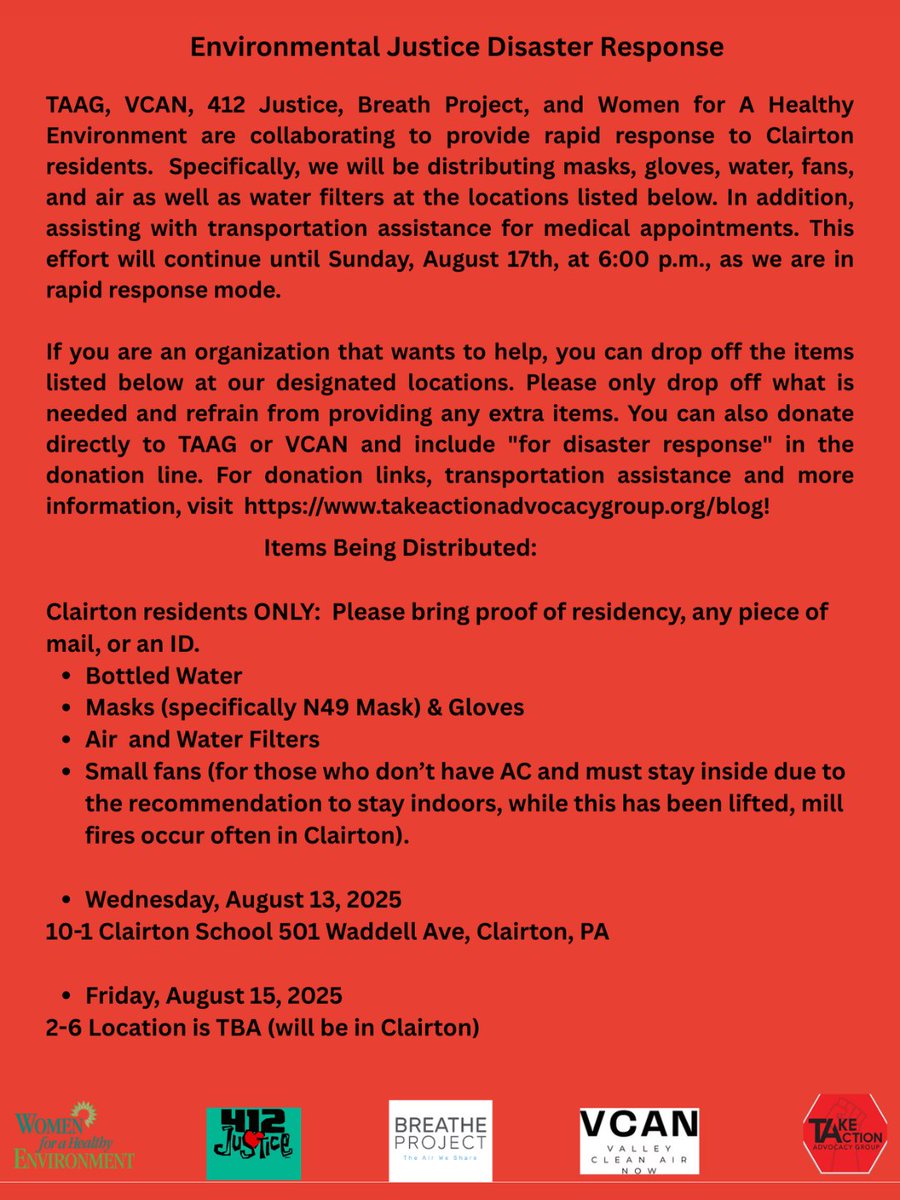 Our hearts are heavy after the explosion at Clairton Coke Works yesterday, which took the lives of two workers and injured ten more, including medics. 

For community disaster response and donation info, see below and visit: 
takeactionadvocacygroup.org/post/environme…