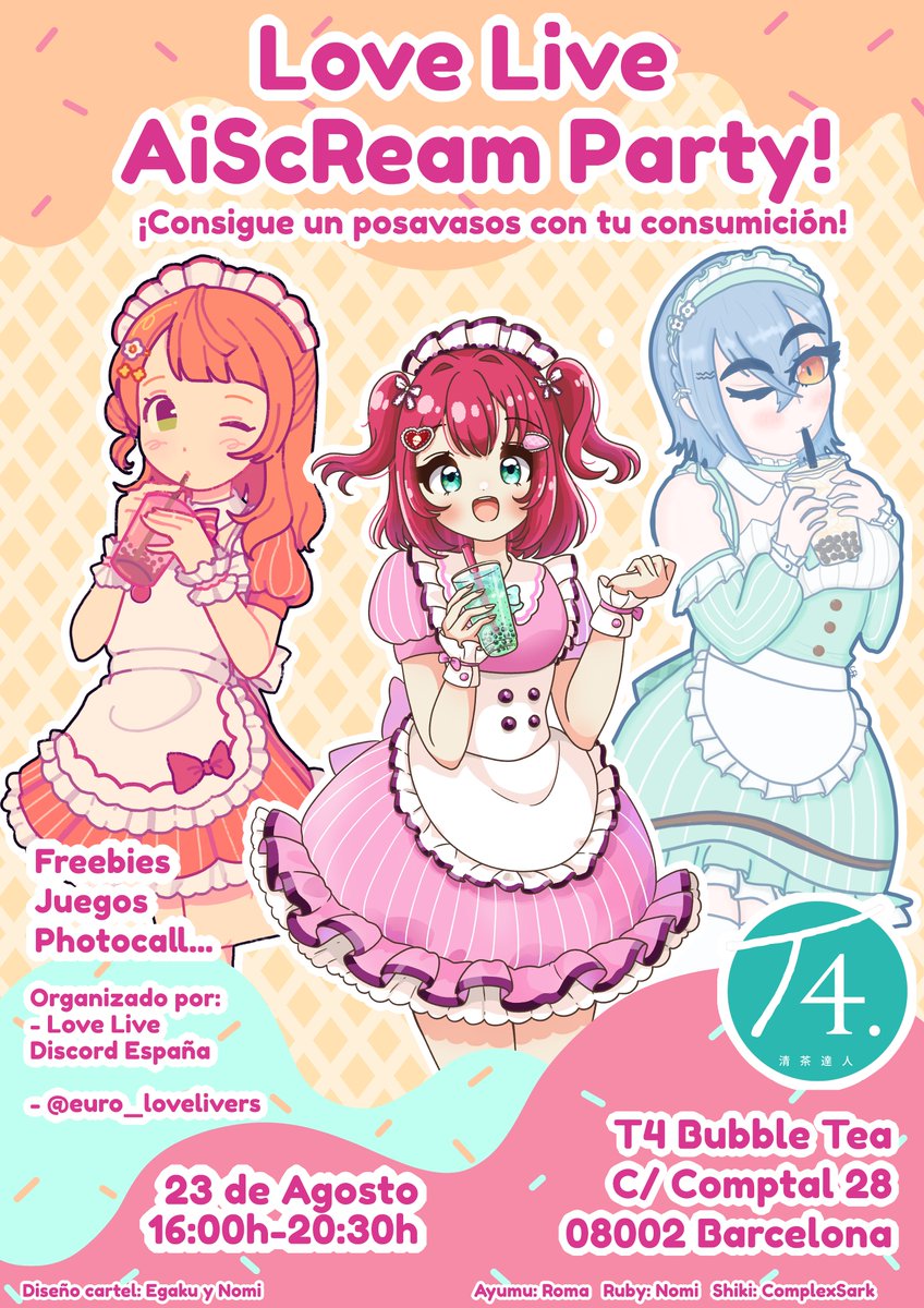 ¡Buenas tardes! 🩵 

¡Vamos a realizar un evento de Love Live en el Bubble tea T4 en Barcelona!   

Estaremos  allí el día 23 de agosto de 16:00-20:30h

Todos los clientes  que hagan una consumición podrán conseguir un posavasos exclusivo.

¡Nos vemos en la AiScReam party!