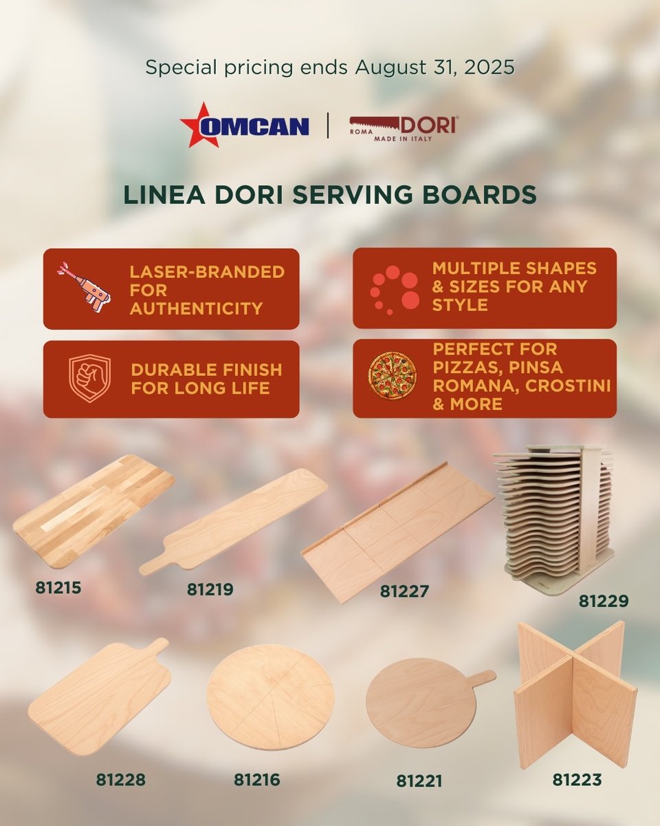 From oven to table — do it like a pro. 🍕✨⁠
Discover our collection of pizza peels, serving boards &amp; pro tools.⁠
Built for bakers. Made to last.⁠
🛒 Limited promo ends Aug 31 — don’t miss out!⁠
#CommercialKitchen #FoodServiceEquipment#MadeInItaly #Omcan #LineaDori