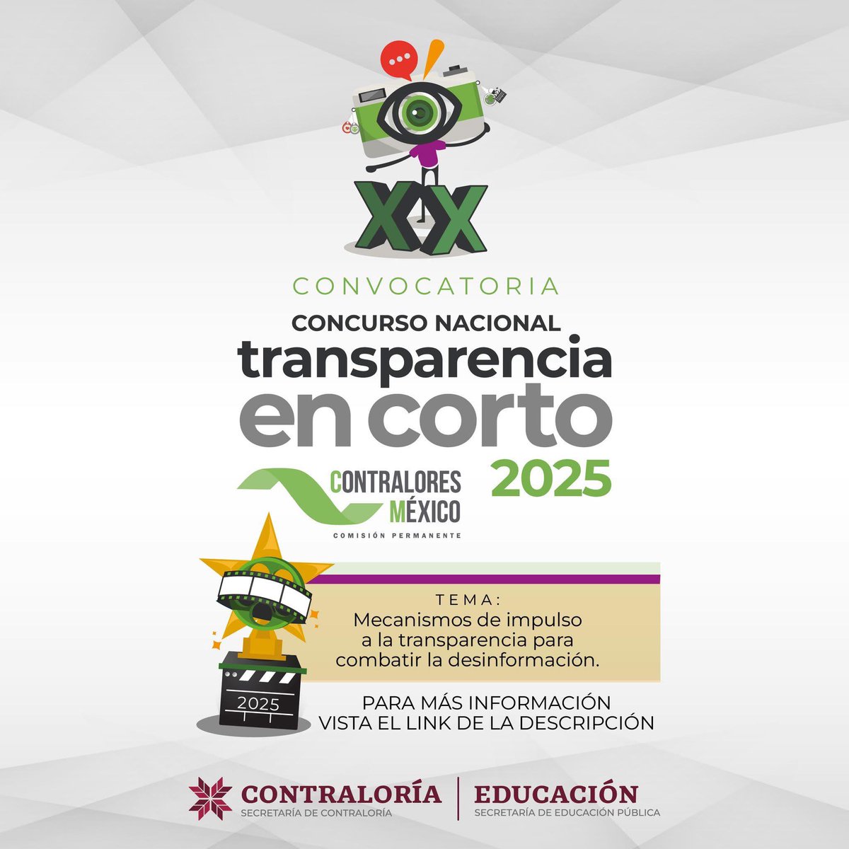 🎥✨ ¡Jóvenes de 15 a 25 años! Participa en la XX edición del Concurso Nacional de Transparencia en Corto.
Tema: "Mecanismos de impulso a la transparencia para combatir la desinformación".
💡 Usa tu talento y creatividad para cambiar el mundo.
📌 Bases  transparenciadocs.hidalgo.gob.mx/.../TC_Conv...
