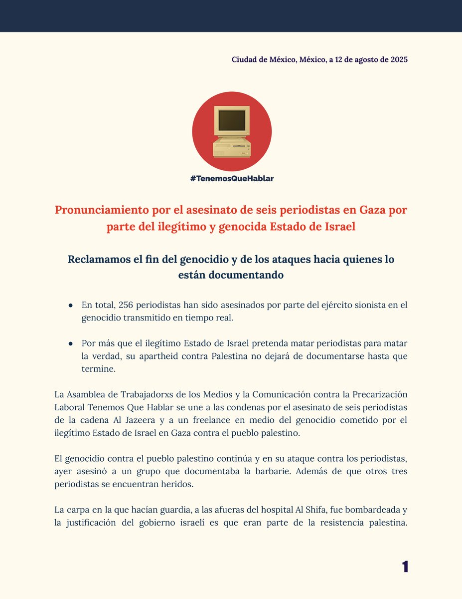 Pronunciamiento por el asesinato de seis periodistas en Gaza por parte del ilegítimo y genocida Estado de Israel. 

#NoSeMataLaVerdadMatandoPeriodistas
#PalestinaLibre
