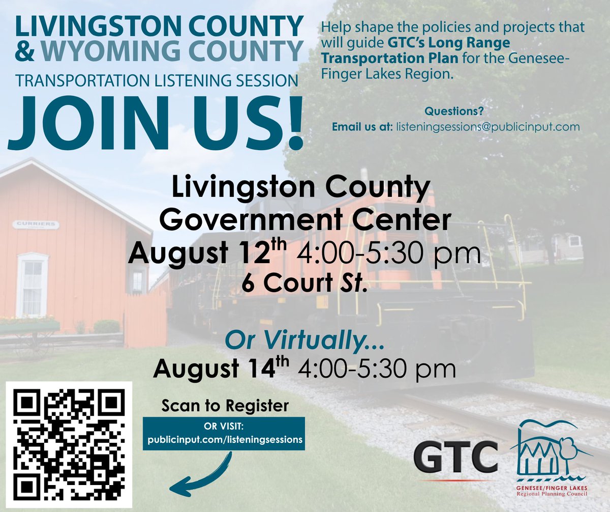 We are headed to Livingston County, New York this afternoon for a Transportation Listening Session at 4 p.m. Register here.  publicinput.com/u16356