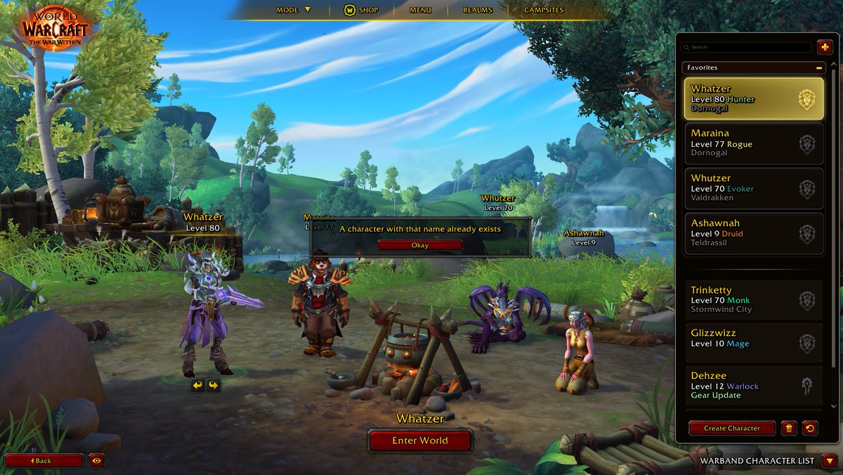 Whatzer's tweet image. "A character with this name already exists"...Bitch, I know it's mine now let me in #worldofwarcraft #patchday