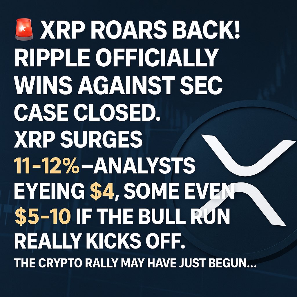RissofiK's tweet photo. XRP Price Prediction: Ripple Defeats SEC – Is This the Start of the Biggest Rally in Crypto History?
X Post:

“🚨 XRP ROARS BACK! Ripple officially wins against SEC, case closed. XRP surges 11–12%—analysts now eyeing $4, some even whispering $5–10 if the bull run really kicks off. The crypto rally may have just begun…

#XRP #CryptoRally #RippleVictory #CryptoNews”