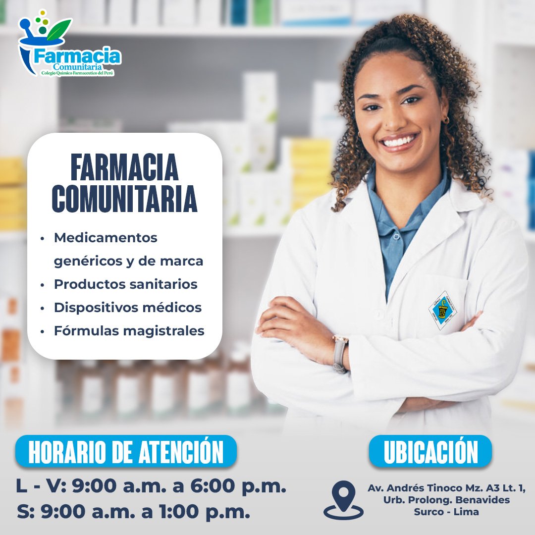 💙 Tu salud nos importa "Farmacia Comunitaria"💊 CQFP
"Comprometidos con tu bienestar"
Encuentra atención personalizada y medicamentos accesibles.
 ¡Te esperamos! Lunes a sábado
Visitanos en: Av. Andrés Tinoco Mz. A3 Lt. 1, Urb. Prolong. Benavides - Surco
#FarmaciaComunitaria