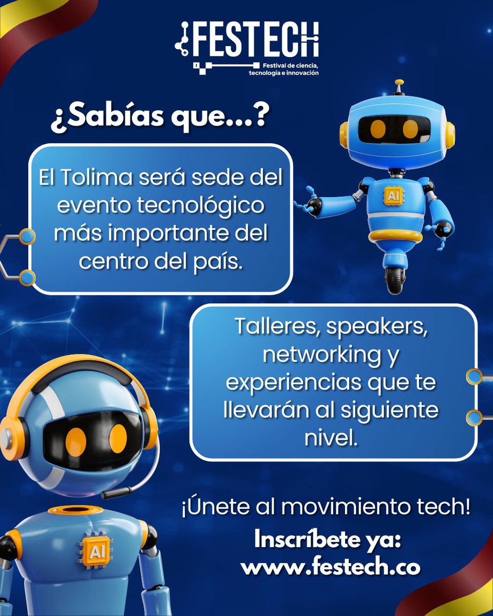 festech_co's tweet photo. ¡Tolima será epicentro de la innovación!
FesTech 2025 llega con talleres y experiencias que marcarán el futuro tech del país.
Ibagué y Espinal
¿Te lo vas a perder?

📩 Inscríbete ya → https://t.co/REmkYOBMKJ 

#Festech2025 #TolimaEsTech #InnovaciónEnElCentro  #EventosIbagué https://t.co/dLZXlDRcl0