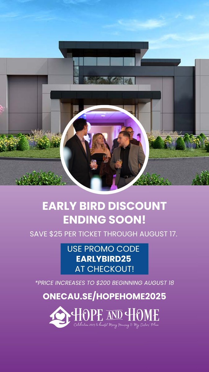 CTMercyHousing's tweet photo. DON'T MISS OUT! Time is ticking to experience a night to remember at a great price! Use promo code EARLYBIRD25 now through August 17 to save $25 per ticket to our 2025 Hope and Home Celebration on Friday, October 17 at the Bristol Event Center.  https://t.co/oELHafIFxc https://t.co/trbuLeQmZf