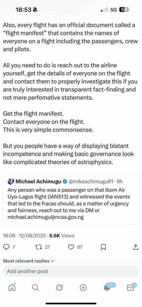 Since Mike Achimugu <a href="/mikeachimugu01/">Michael Achimugu</a> Director of Public Affairs and Consumer Protection at NCAA blocked me so that others won’t see my reply to the post he made, i have now reposted it here for everyone to see his post and my response.

It is a shame the sort of public officials