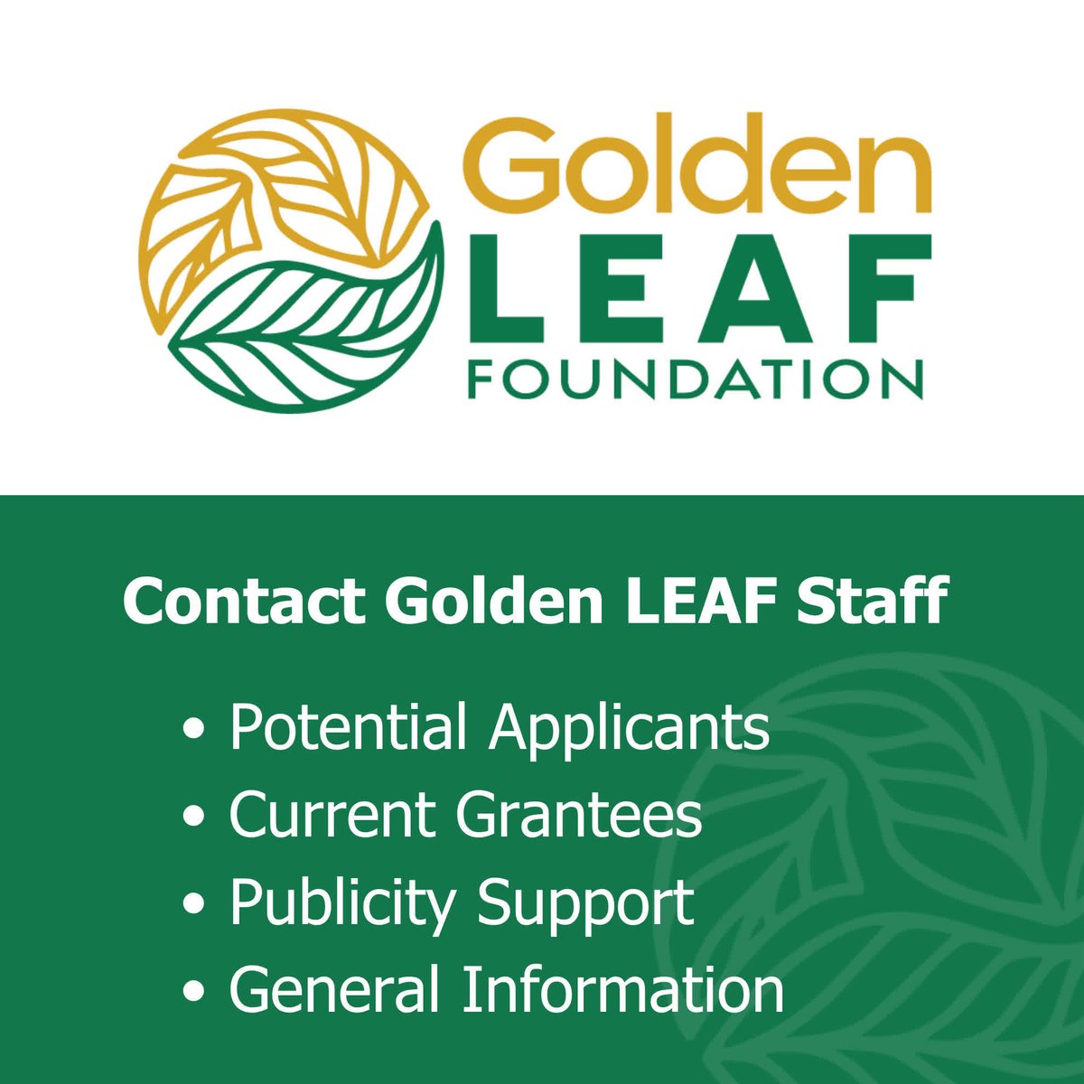 Golden LEAF staff are here to help you!
✔️Are you a potential applicant looking for information about our funding programs? 
✔️Are you a current grantee needing assistance but unsure who to contact?   
Visit our Contact Programs Staff page for help at goldenleaf.org/funding-opport…
